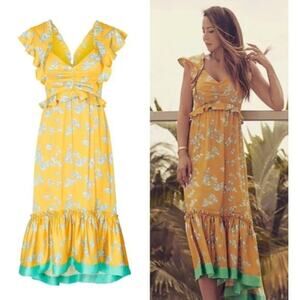 Three Floor Lemonana Dress Yellow Aqua Print Ruffle Flutter Sleeve Midi US 4